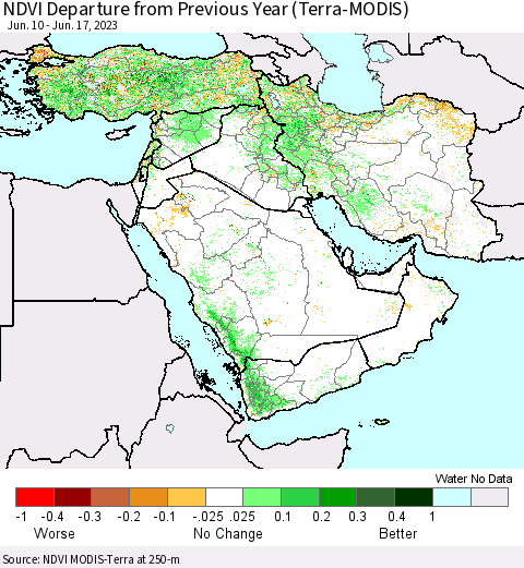Middle East and Turkey NDVI Departure from Previous Year (Terra-MODIS) Thematic Map For 6/10/2023 - 6/17/2023