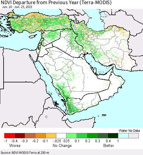 Middle East and Turkey NDVI Departure from Previous Year (Terra-MODIS) Thematic Map For 6/18/2023 - 6/25/2023