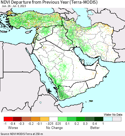 Middle East and Turkey NDVI Departure from Previous Year (Terra-MODIS) Thematic Map For 6/26/2023 - 7/3/2023