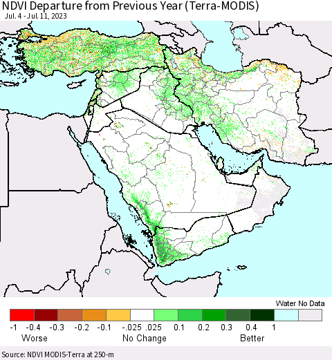Middle East and Turkey NDVI Departure from Previous Year (Terra-MODIS) Thematic Map For 7/4/2023 - 7/11/2023