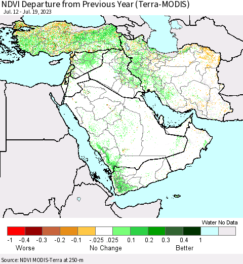 Middle East and Turkey NDVI Departure from Previous Year (Terra-MODIS) Thematic Map For 7/12/2023 - 7/19/2023