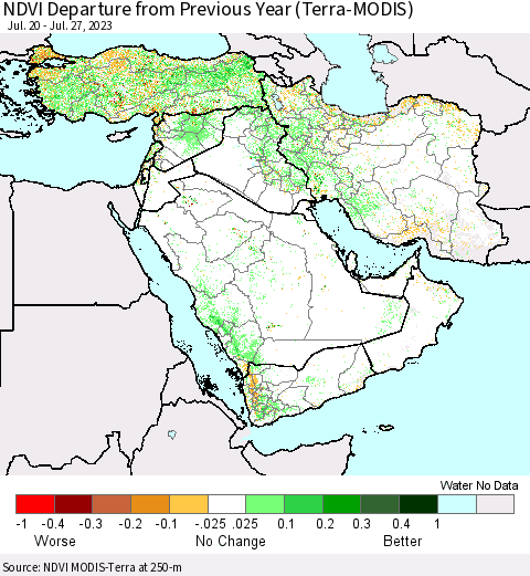 Middle East and Turkey NDVI Departure from Previous Year (Terra-MODIS) Thematic Map For 7/20/2023 - 7/27/2023
