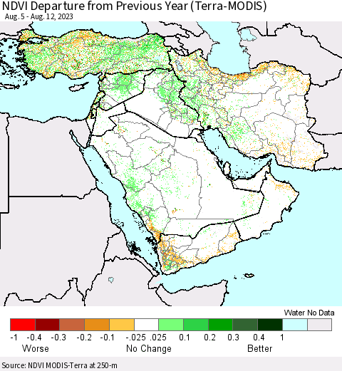 Middle East and Turkey NDVI Departure from Previous Year (Terra-MODIS) Thematic Map For 8/5/2023 - 8/12/2023