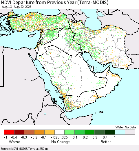 Middle East and Turkey NDVI Departure from Previous Year (Terra-MODIS) Thematic Map For 8/13/2023 - 8/20/2023