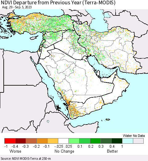 Middle East and Turkey NDVI Departure from Previous Year (Terra-MODIS) Thematic Map For 8/29/2023 - 9/5/2023