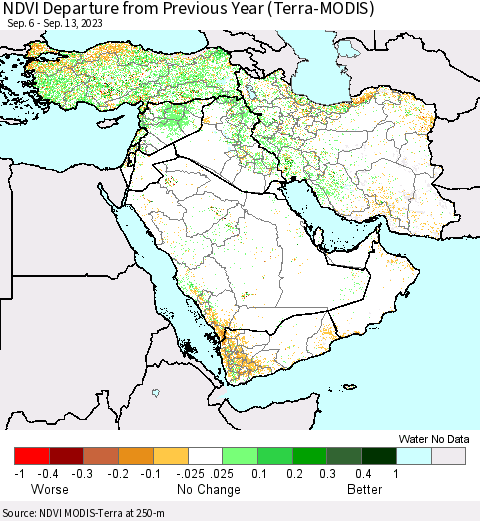 Middle East and Turkey NDVI Departure from Previous Year (Terra-MODIS) Thematic Map For 9/6/2023 - 9/13/2023