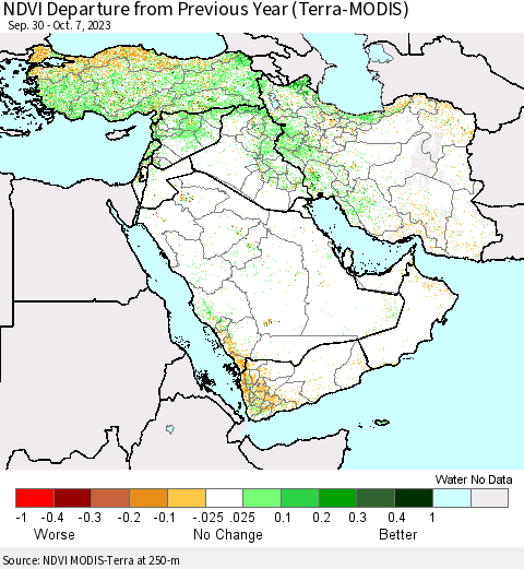 Middle East and Turkey NDVI Departure from Previous Year (Terra-MODIS) Thematic Map For 9/30/2023 - 10/7/2023