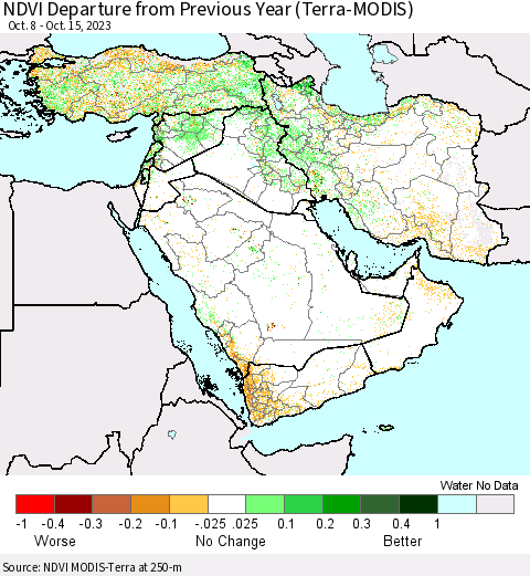 Middle East and Turkey NDVI Departure from Previous Year (Terra-MODIS) Thematic Map For 10/8/2023 - 10/15/2023