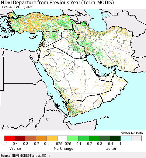 Middle East and Turkey NDVI Departure from Previous Year (Terra-MODIS) Thematic Map For 10/24/2023 - 10/31/2023
