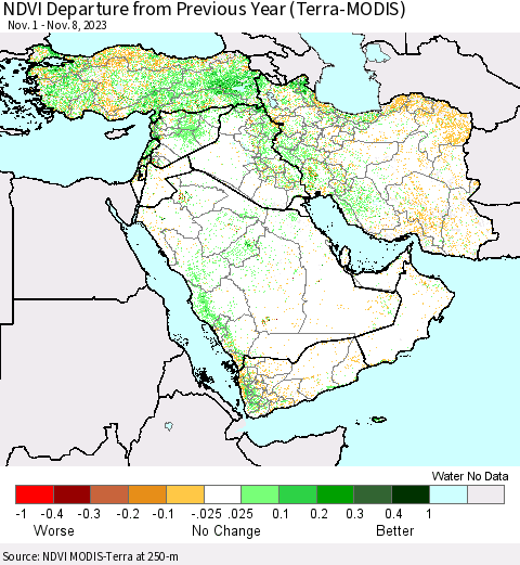 Middle East and Turkey NDVI Departure from Previous Year (Terra-MODIS) Thematic Map For 11/1/2023 - 11/8/2023