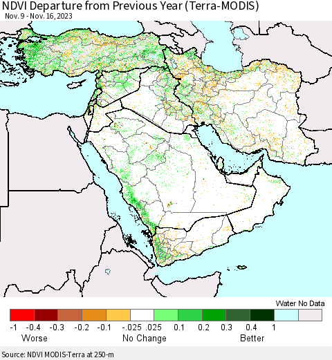 Middle East and Turkey NDVI Departure from Previous Year (Terra-MODIS) Thematic Map For 11/9/2023 - 11/16/2023