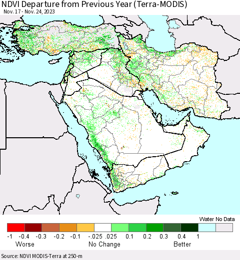 Middle East and Turkey NDVI Departure from Previous Year (Terra-MODIS) Thematic Map For 11/17/2023 - 11/24/2023