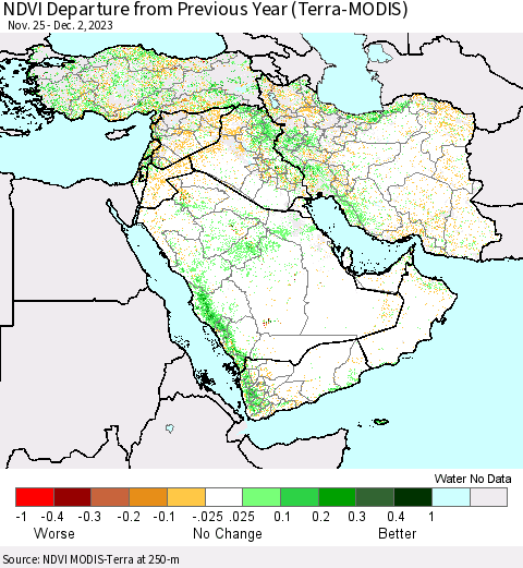 Middle East and Turkey NDVI Departure from Previous Year (Terra-MODIS) Thematic Map For 11/25/2023 - 12/2/2023