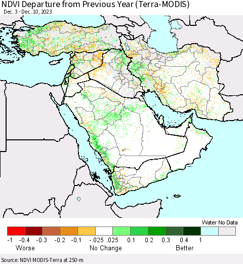 Middle East and Turkey NDVI Departure from Previous Year (Terra-MODIS) Thematic Map For 12/3/2023 - 12/10/2023