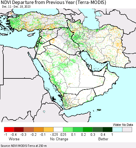 Middle East and Turkey NDVI Departure from Previous Year (Terra-MODIS) Thematic Map For 12/11/2023 - 12/18/2023