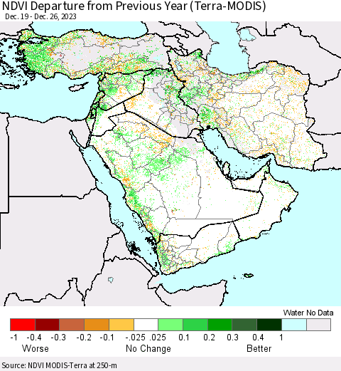 Middle East and Turkey NDVI Departure from Previous Year (Terra-MODIS) Thematic Map For 12/19/2023 - 12/26/2023