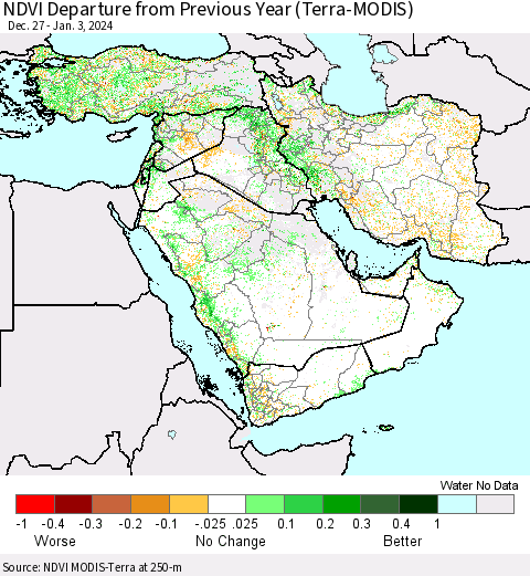 Middle East and Turkey NDVI Departure from Previous Year (Terra-MODIS) Thematic Map For 12/27/2023 - 1/3/2024
