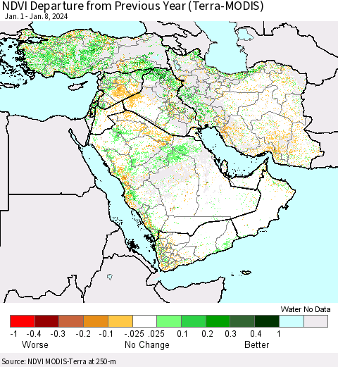 Middle East and Turkey NDVI Departure from Previous Year (Terra-MODIS) Thematic Map For 1/1/2024 - 1/8/2024
