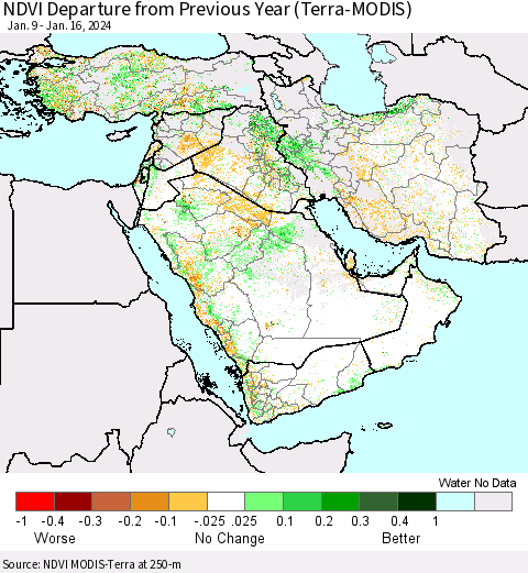 Middle East and Turkey NDVI Departure from Previous Year (Terra-MODIS) Thematic Map For 1/9/2024 - 1/16/2024
