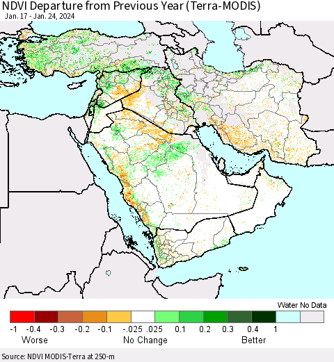 Middle East and Turkey NDVI Departure from Previous Year (Terra-MODIS) Thematic Map For 1/17/2024 - 1/24/2024