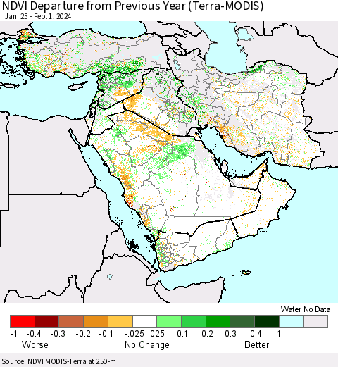 Middle East and Turkey NDVI Departure from Previous Year (Terra-MODIS) Thematic Map For 1/25/2024 - 2/1/2024