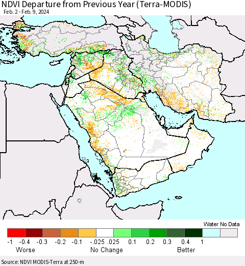 Middle East and Turkey NDVI Departure from Previous Year (Terra-MODIS) Thematic Map For 2/2/2024 - 2/9/2024