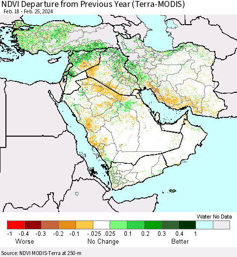 Middle East and Turkey NDVI Departure from Previous Year (Terra-MODIS) Thematic Map For 2/18/2024 - 2/25/2024