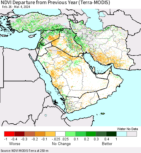 Middle East and Turkey NDVI Departure from Previous Year (Terra-MODIS) Thematic Map For 2/26/2024 - 3/4/2024