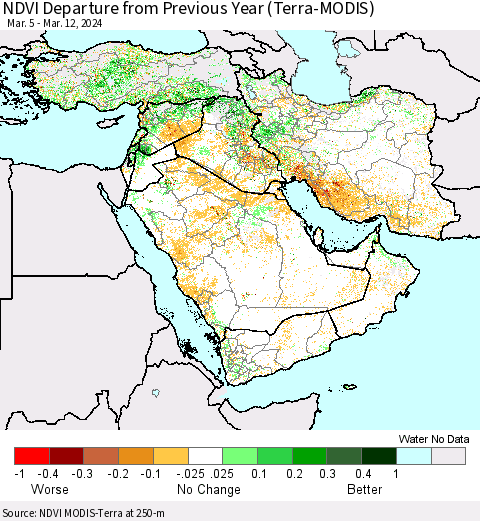 Middle East and Turkey NDVI Departure from Previous Year (Terra-MODIS) Thematic Map For 3/5/2024 - 3/12/2024