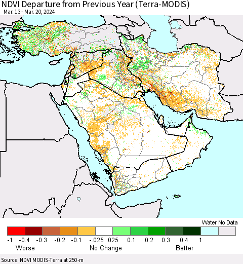 Middle East and Turkey NDVI Departure from Previous Year (Terra-MODIS) Thematic Map For 3/13/2024 - 3/20/2024