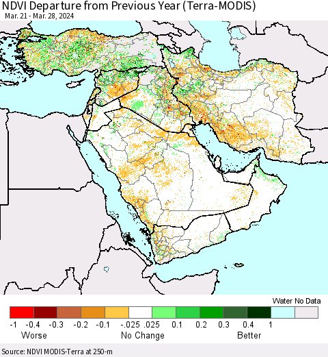 Middle East and Turkey NDVI Departure from Previous Year (Terra-MODIS) Thematic Map For 3/21/2024 - 3/28/2024