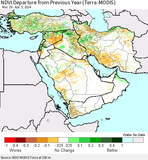 Middle East and Turkey NDVI Departure from Previous Year (Terra-MODIS) Thematic Map For 3/29/2024 - 4/5/2024