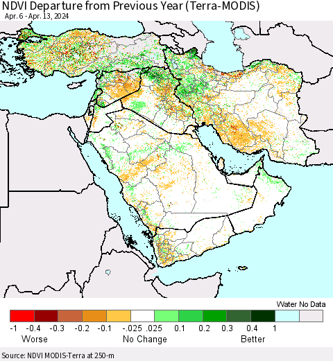 Middle East and Turkey NDVI Departure from Previous Year (Terra-MODIS) Thematic Map For 4/6/2024 - 4/13/2024