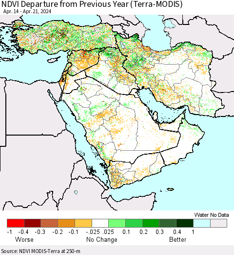 Middle East and Turkey NDVI Departure from Previous Year (Terra-MODIS) Thematic Map For 4/14/2024 - 4/21/2024