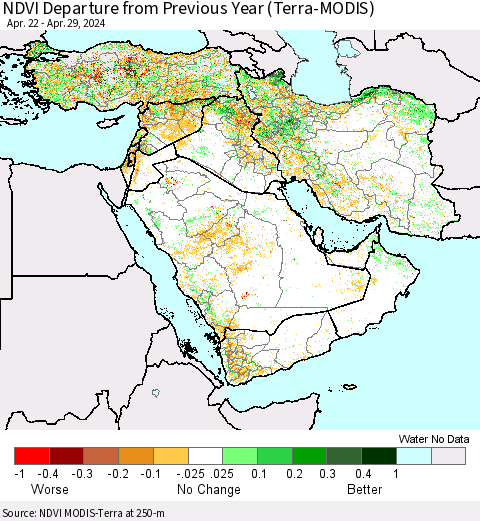 Middle East and Turkey NDVI Departure from Previous Year (Terra-MODIS) Thematic Map For 4/22/2024 - 4/29/2024