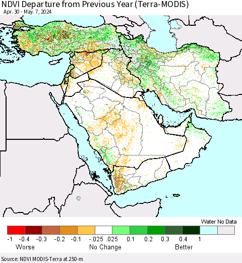 Middle East and Turkey NDVI Departure from Previous Year (Terra-MODIS) Thematic Map For 4/30/2024 - 5/7/2024