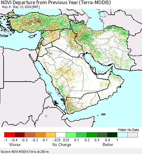 Middle East and Turkey NDVI Departure from Previous Year (Terra-MODIS) Thematic Map For 5/8/2024 - 5/15/2024