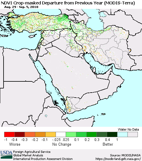 Middle East and Turkey Cropland NDVI Departure from Previous Year (Terra-MODIS) Thematic Map For 9/1/2018 - 9/10/2018