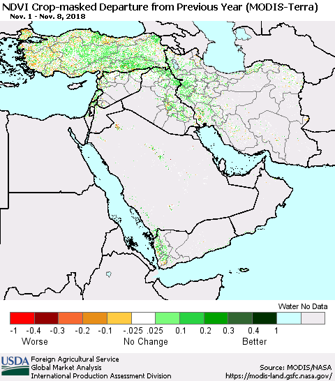 Middle East and Turkey Cropland NDVI Departure from Previous Year (Terra-MODIS) Thematic Map For 11/1/2018 - 11/10/2018