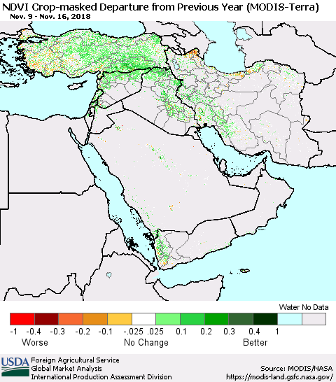 Middle East and Turkey Cropland NDVI Departure from Previous Year (Terra-MODIS) Thematic Map For 11/11/2018 - 11/20/2018