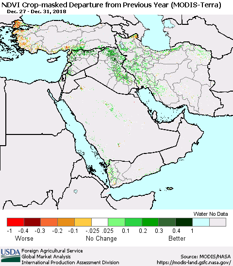 Middle East and Turkey Cropland NDVI Departure from Previous Year (Terra-MODIS) Thematic Map For 12/21/2018 - 12/31/2018