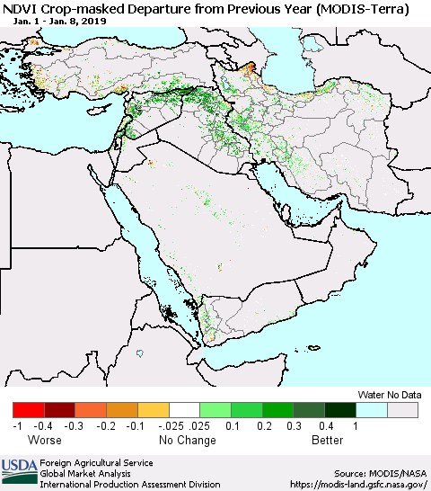 Middle East and Turkey Cropland NDVI Departure from Previous Year (Terra-MODIS) Thematic Map For 1/1/2019 - 1/10/2019