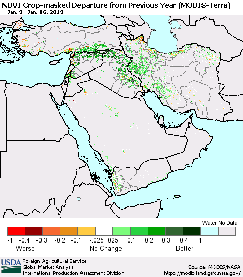 Middle East and Turkey Cropland NDVI Departure from Previous Year (Terra-MODIS) Thematic Map For 1/11/2019 - 1/20/2019