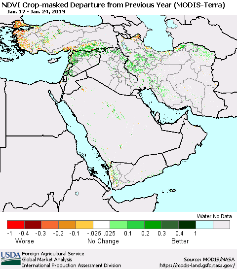 Middle East and Turkey Cropland NDVI Departure from Previous Year (Terra-MODIS) Thematic Map For 1/21/2019 - 1/31/2019