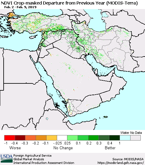 Middle East and Turkey Cropland NDVI Departure from Previous Year (Terra-MODIS) Thematic Map For 2/1/2019 - 2/10/2019