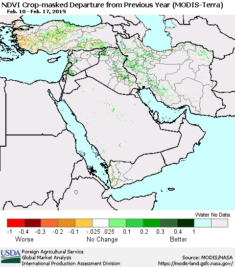 Middle East and Turkey Cropland NDVI Departure from Previous Year (Terra-MODIS) Thematic Map For 2/11/2019 - 2/20/2019