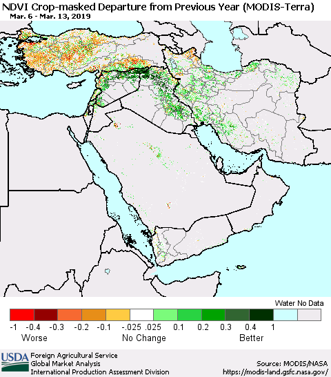 Middle East and Turkey Cropland NDVI Departure from Previous Year (Terra-MODIS) Thematic Map For 3/11/2019 - 3/20/2019