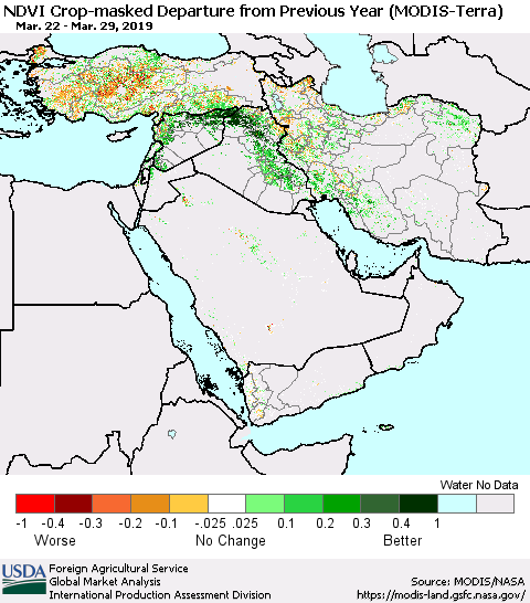 Middle East and Turkey Cropland NDVI Departure from Previous Year (Terra-MODIS) Thematic Map For 3/21/2019 - 3/31/2019