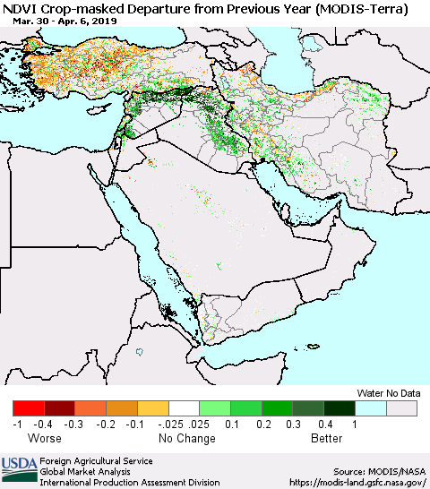 Middle East and Turkey Cropland NDVI Departure from Previous Year (Terra-MODIS) Thematic Map For 4/1/2019 - 4/10/2019