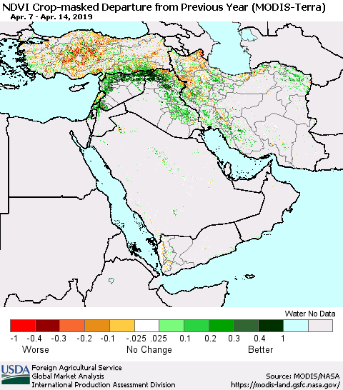 Middle East and Turkey Cropland NDVI Departure from Previous Year (Terra-MODIS) Thematic Map For 4/11/2019 - 4/20/2019